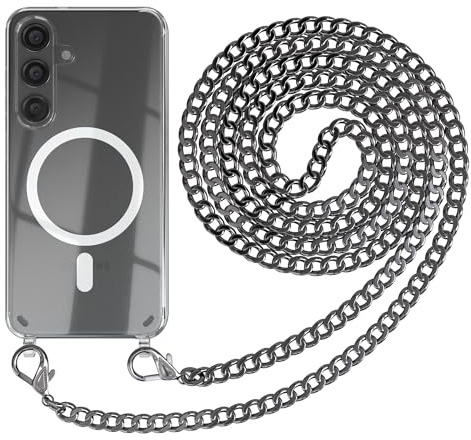 EAZY CASE - Handykette kompatibel mit Samsung Galaxy S24 Kette zum Umhängen Stoßfest Handyhülle für Galaxy S24 Silikon Hülle mit Band aus Metall Handytasche Transparent als Fallschutz in Anthrazit