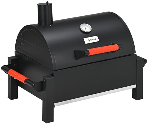 Outsunny Barbecue de table creux en bois avec grille, bac à charbon, barbecue de camping avec couvercle, poignée, thermomètre, barbecue en bois de table pour pique-nique, jardin, noir, 68,5 x 50 x 54