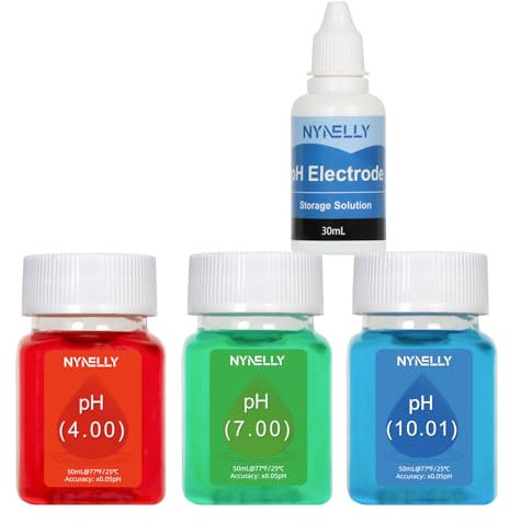 Nynelly pH Messgerät Kalibrierungslösung Kit mit pH Schutzlösungs Set, 3 Flaschen 50ml pH-Kalibrierungslösung (pH 4.00, 7.00, 10.01) und 30 ml KCL pH Sondenlösung für pH-Meter, Einfache Kalibrierung