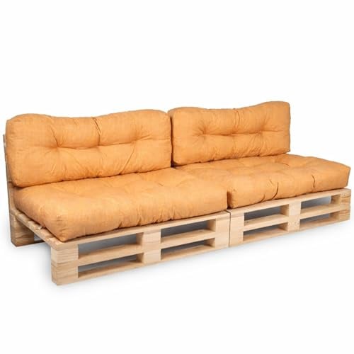 Bananair - Cojines Para Palets - Tela Resistente, Anti-UV y Repelente al Agua - Muy Cómodo, Relleno de Espuma - Cojines Exterior para Jardín y Terraza (2 Asientos 120x80 y 2 Respaldos 120x40, Naranja)
