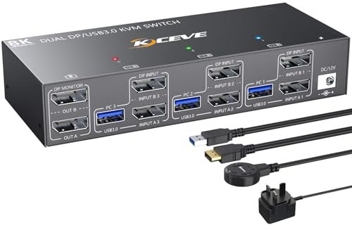 YOUTINGHDAV KVM Switch 2 Monitors 3 computers Displayport 1.4, USB 3.0 KVM Switch Dual Monitor 4K@144Hz for 3 computer Share Mouse Keyboard, with Wired Remote
