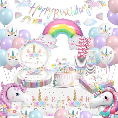 Decoraciones Cumpleaños Unicornio, Globos de Cumpleaños Unicornio, Platos Decoración Cumpleaños Vajilla Mantel y Taza Servilletas Banners, Decoraciones Cumpleaños Infantil Unicornio para Niños Fiesta