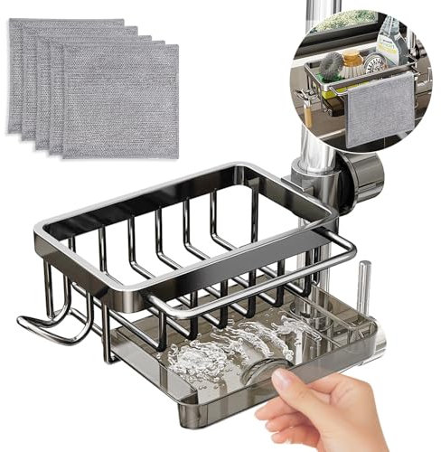 Soporte Estropajo Fregadero,Organizador Fregadero Cocina con 5 Paños Dobles de Hilo de Plata,Estropajo Cocina Sin Taladrar con Bandeja Autovaciante para Baño y Cocina Escurridor Fregadero Accesorios