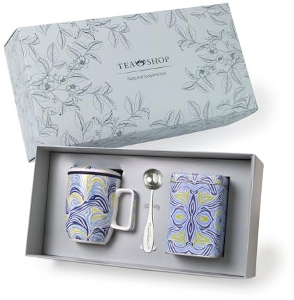 TEA SHOP - Pack Taza de porcelana con Filtro y Tapa + Lata y Cuchara medidora - Set Tea Time Tahití - Perfecto para Regalo