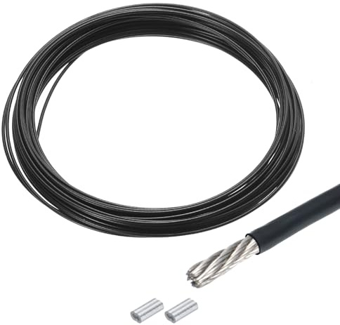 QUARKZMAN Drahtseil Edelstahl 10M x 1,5 mm Stahlseil PVC ummantelt mit 2 Aluminiumhülsen Sicherungsdraht Aufhänger für Bilder Vorhang Geländer Outdoor Gartenmöbel Sonnensegel, Schwarz