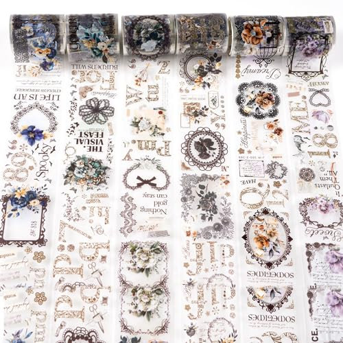 Ningmo Washi Tape Set，6 Rolls Blumen PET Wide Washi Tapes Transparent Sticker für Scrapbooking， Journaling，Bullet Journals, Planner，Mobile phones, photo albums DIY (06)