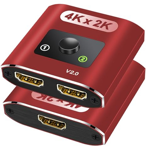 Aluminium-HDMI-Splitter, 2-in-1-Ausgang, bidirektionaler HDMI-Schalter, 4K @ 60Hz, 3D 1080P, geeignet für TV-Box, Laptop, PS3/4/5, DVD, Rot