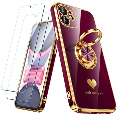 Nonional Compatible for iPhone 12 Case with 2 Pack Screen Protector, 360° Rotatable Ring Holder [Luxury Hearts Pattern] Plating Gold Edge Slim Soft Phone Cover Case for iPhone 12 - Wine Red