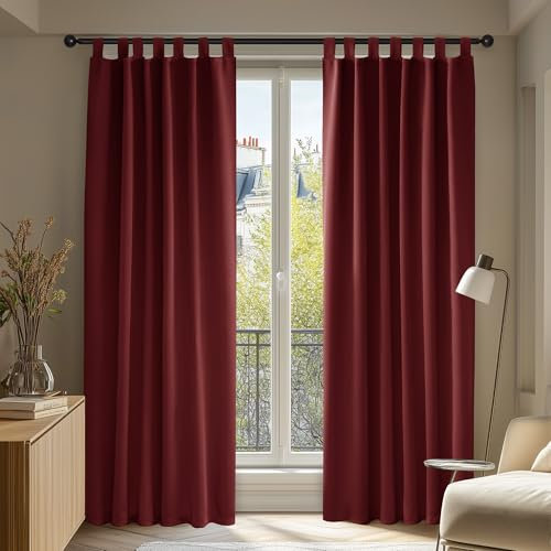 Deconovo Vorhänge mit Schlaufen Verdunklungsvorhänge Gardinen Wohnzimmer Vorhang Blickdicht Lärmschutzvorhang Winter Extra Warm Thermogardine, 260x140 cm(HöhexBreite), Rot, 2er Set