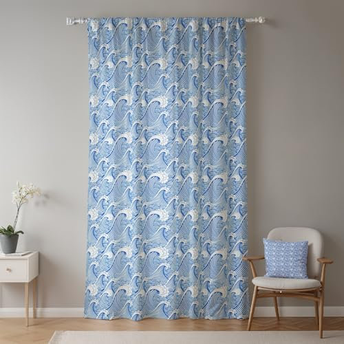 ggaimwf 135x229cm Vague Japonais Océan Bleu Peinture Rideau à Languette arrière/Passe-Tringle/Plis Crayon Rideaux de fenêtre filtrant la lumière et occultants pour Salon Chambre Salle 1 Panneau