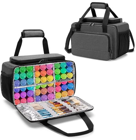 LoDrid Acrylic Paint Bottle Organizer, Holds 54 Bottles (2 OZ), Paint Storage Bag with Strap, Handle and Brush Storage, Easy Clean Lining, Grey