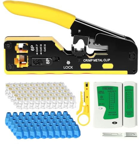 Qudubuy RJ45 Crimp Tool Kit with Ethernet Cable Tester – Pass Through RJ45 Crimping Tool for Cat5/5e/6/6A/7, RJ11/RJ12 Compatible, 105Pcs Ethernet Crimping Tool Kit for Network Installers