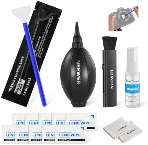 NEEWER 16 In 1 Camera Lens Cleaning Kit, 1x Brush + 1x Air Blower + 1x Cleaning Swab for 24mm Full Frame Sensor + 1x Cleaner Spray + 2x Cloth + 10x Wet Lens Wipe, HM-44