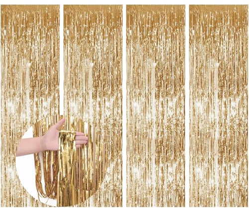 4 Stück YceLon Lametta Vorhang Gold, Glitzervorhang für Party, Fotohintergrund Deko, Metallic Lametta Vorhänge 1x2m, Foto Hintergrund für Geburtstag, Hochzeit, Themenparty
