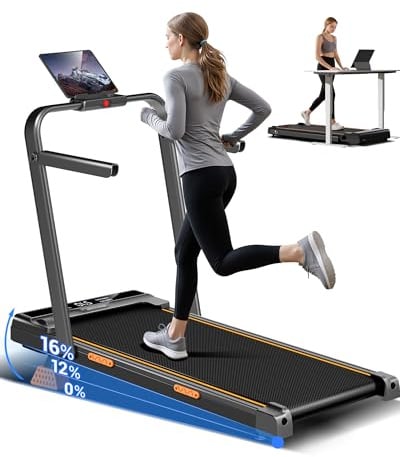 UMAY Laufband für Zuhause Klappbar mit Steigung 16%, 10KM/H Walking Pad Klappbar mit Steigung, Fernbedienun, LED Anzeige, Laufbänder mit Handläufen, 3.0 HP Treadmill for Home, Belastung 136KG