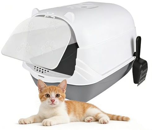 Large Hooded Cat Litter Box – Grey Enclosed Litter Tray with Double-Action Door & Carbon Filter, High-Sided Anti-Spill Design, Portable with Carry Handle, Includes Litter Scoop & Deodorizing Bag