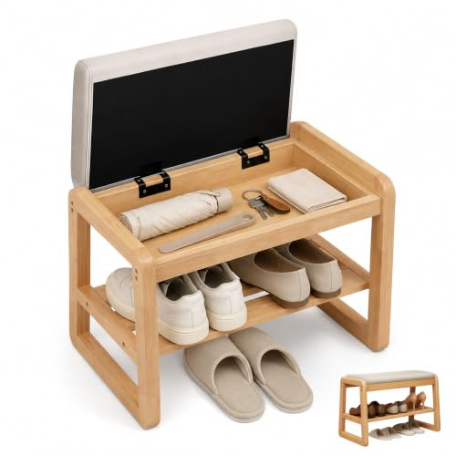 BaoBaJiu Massivholz Schuhbank mit PU-Leder Sitzkissen (Graues pad, 55cm) | Schmaler 2-Ebenen Flur Schuhschrank, Versteckter Stauraum für einen ordentlichen Eingangsbereich