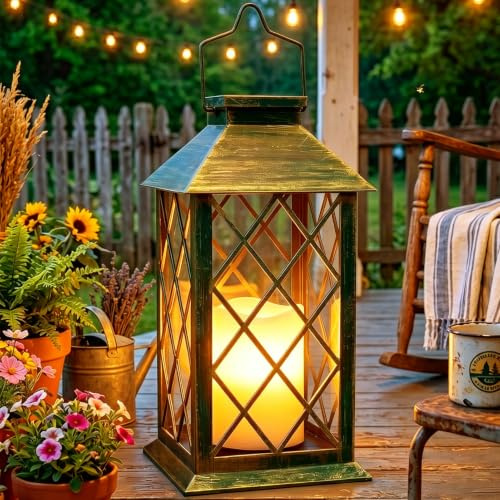 Dekofun 35cm Solarlaterne für Außen, 1 Stück, Bronze | Mit Flammeneffekt, Hängend & Stehend Nutzbar, IP65 Wasserdicht mit Sicherheitsglas für Garten, Balkon, Terrasse, Draußen Deko