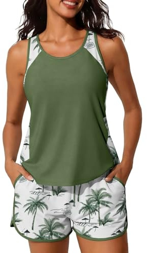 Yutdeng Tankini Mujer Reductor Barriga Traje de Baño Bañador Mujer con Pierna Camiseta Baño con Relleno Pantalon Bañador Vientre Plano con Bolsillos Dos Piezas Bañadores Mujer Tallas Grandes