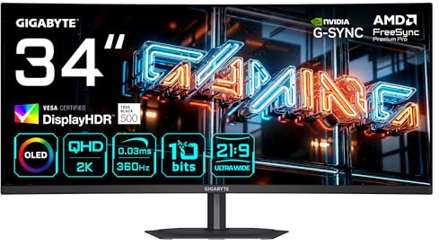 Gigabyte MO34WQC36 Monitor Gaming Curvo 34” WQHD - 3440 x 1440, 360Hz, 0.03ms, KVM, 300 cd/m², FreeSync Premium Pro, DisplayHDR True Black 500, HDMI 2.1, DisplayPort 2.1