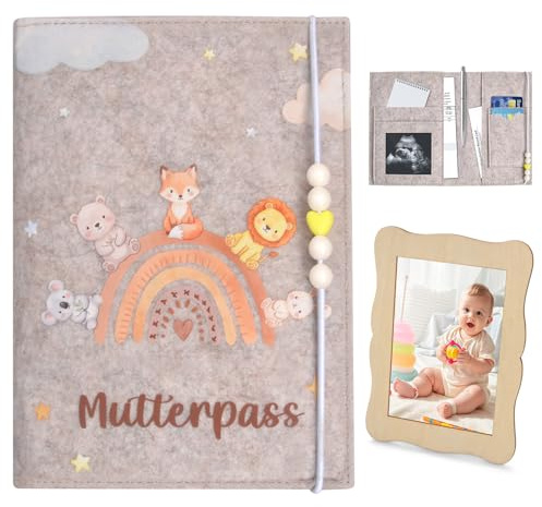 Mutterpass Schutzhülle aus Filz Set mit Holz Bilderrahmen | U-Heft Hülle mit Impfpass Fach, Mutterpass Organizer passend für Deutschland & Österreich, Regenbogen Tier Design
