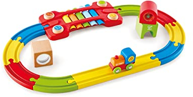Hape „Meine Sinne“ Eisenbahn-Set – 14-teiliges Holz-Eisenbahnset mit Xylophon-Schiene, Rassel, Spiegel & Regenbogenbahn, Lernspielzeug, ab 18 Monaten