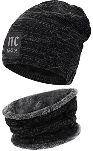 Bequemer Laden 2 Stücke Winter Beanie Mütze Schal Set Wolle Warme Strickmütze Dicke Fleecefutter Wintermütze & Schal für Herren und Damen, 2-Schwarz, Einheitsgröße