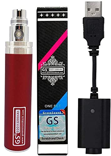 FOXFIVES Red GS EGO II 2200mAh e Cig e Shisha Hookah 3-colour LED indicator Rechargeable Battery & USB Charger Nicotine Free Empty Device Red