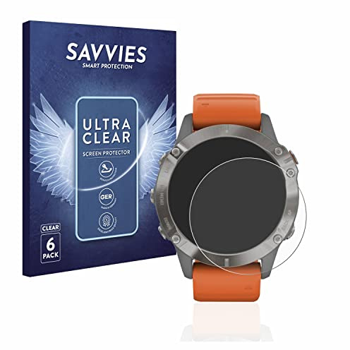 Savvies Protection Film compatible with Garmin Fenix 6 Pro | 6 Pack Clear Screen Protection Made in Germany Anti-Scratch Transparent Foil