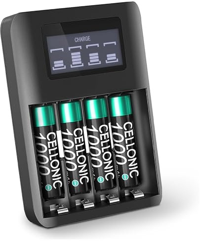 CELLONIC Caricabatterie USB per batterie AA AAA + 4x batterie ricaricabili AAA da 1000mAh LR6, Caricatore USB con 4 slot di ricarica rapida per batterie stilo e ministilo - LCD per monitorare