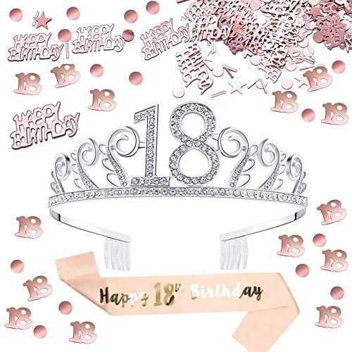Anyasen 18. Geburtstag Dekorationsset Krone Geburtstag geburtstagskrone scherpe Krone Haarreif Stirnband Geburtstag Schärpe Happy Birthday Konfetti Roségold Punkte für Geburtstagsfeiern Feier Party