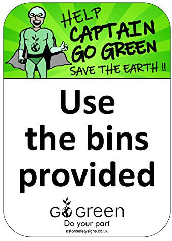 Use the bins provided sign - Self adhesive vinyl sticker - Size 100mm x 140mm - Encourage children to correctly dispose of litter with these 'Captain Go Green' environmental awareness stickers (10)