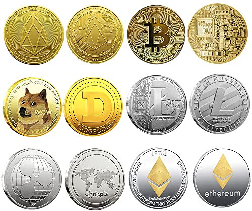 Krisler Bitcoin Coin Collector Geschenkset: Kryptowährung (Bitcoin, Ethereum, Litecoin, Ripple, EOS, Dogecoin), Gold, Silber (6er Pack, 40 mm Durchmesser, 10,8 g Metallgewicht, Sehr Gut bewertet)