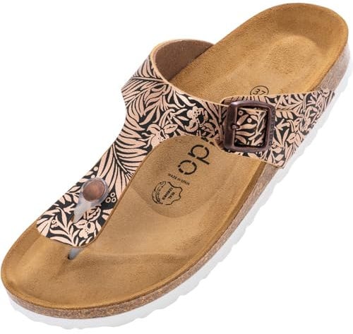 Palado Zehentrenner Damen Kos Prints – gefertigt in Spanien – Veloursleder-Decksohle – modische Prints – weich gepolstertes Fußbett Leaves Bronze UK6 - EU39