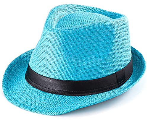 LADYBRO Sommer Stroh Trilby Hut ‌für Herren 1920er Kurze Krempe Fedora Hut, 58cm, Blau