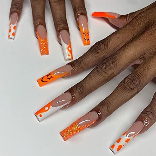 Carufin 24 PCS Long Cercueil Faux Ongles Acrylique Brillant Faux Ongles Ongles En Cristal Artificiel Appuyez sur Les Ongles Ballet Faux Ongles pour Femmes Filles (Orange 3)