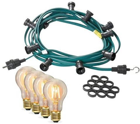 SATISFIRE Illu-/Partylichterkette Außenlichterkette ultra-warmweißen LED Filamentlampen GERMANY (Grünes Kabel, 20m - 20 Lampen)