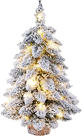 DCQRY Mini albero di Natale preilluminato, albero di Natale floccato da tavolo con luci e base in legno, albero di Natale per vacanze, casa, ufficio, decorazione natalizia