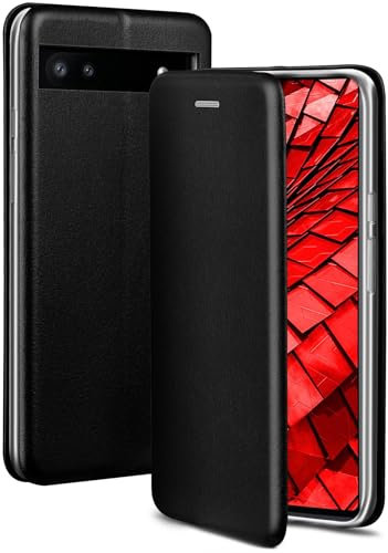 ONEFLOW Handyhülle kompatibel mit Google Pixel 6a - Hülle klappbar, Handytasche mit Kartenfach, Flip Case Call Funktion, Leder Optik Klapphülle mit Silikon Bumper, Schwarz