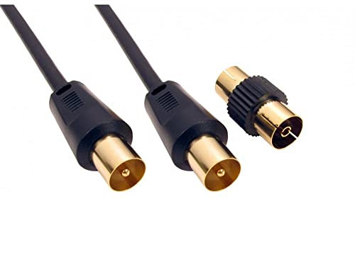 ALIDA SYSTEMS - 1m Aerial Coaxial Cable with Gold-Plated Connectors, Male to Male RF Coax Lead with Female Adapter Coupler for Freeview, Freesat, Sky, Virgin, BT, You View, Satellite TV - Black