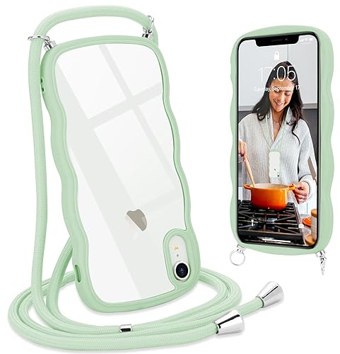 L-FADNUT Chaîne de Téléphone Portable pour iPhone XR Coque avec Lanière, Silicone avec Cordon à Porter Autour du Cou Transparent Coque de Protection pour iPhone XR, Grün