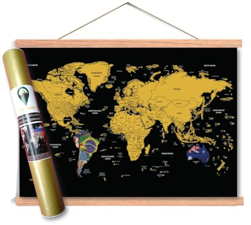 Global Walkabout Scratch Off Map with Flags Background and Wooden Poster Frame Mount in Tube – Deluxe Travel Size World Map Poster with Frame and Leather Strap – Travel Gift (Black)