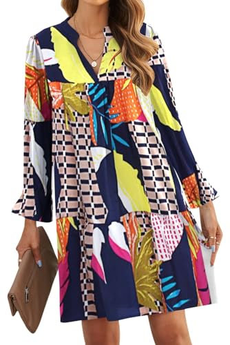 ANFTFH Kleid Damen Winter Herbst Langarm V-Ausschnitt Minikleid für Damen, Winterkleid Elegant Gerade Röhrenkleid Pulloverkleid Damen Geometry L