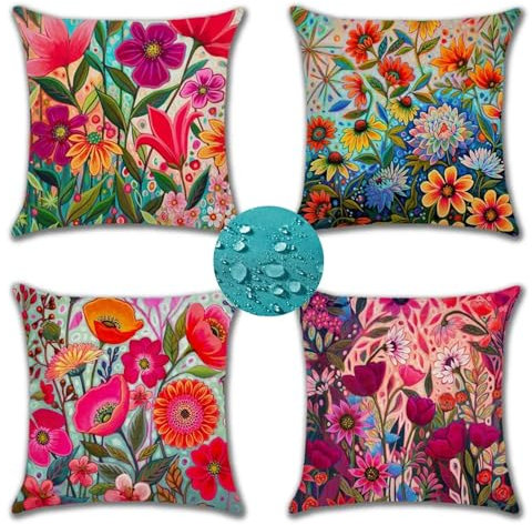 4er Set Wasserdichter Kissenbezug 50x50 cm Wasserdichter Leinen Outdoor Kissen Bunt Blume Dekokissen Sofakissen Kissenbezüge mit Verstecktem Reißverschluss für Outdoor Garten Auto Zuhause Dekoration