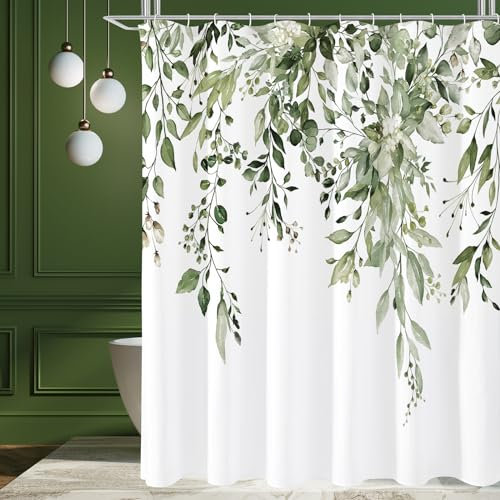 Gibelle Rideau de douche eucalyptus vert olive, feuilles de plantes aquarelles avec fleurs, ensemble de rideau de douche avec crochets, 183 x 183 cm