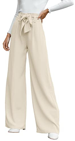 Cicy Bell Damen Weite Bein, Stoffhose Damen Hohe Taille Palazzo Hose, Leicht, Lockere Freizeithosen, Hose Krawatte Knoten Taschen-Elegant Casual Weite Hose,Hosen-Beige, XL