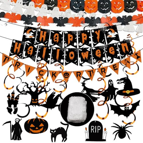 POFIBO Halloween Deko Innen - Girlande, Banner und Hängedeko Mit 60g Spinnennetz - Für Kinder und Grusel Party-Horror-Deko