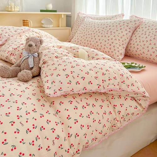Pink Cherry Double Duvet Set Soft Microfiber Duvet Cover with Zip Fastening Wrinkle Free Easy Care Bedding Set for Double Bed Autumn Theme Includes 2 Pillowcases