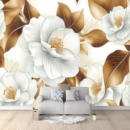 Papier Peint Panoramique 3D Fleur De Pivoine Blanche 400x280 cm Papier Peint Photo Mural Intissé, Poster Tapisserie Mural Personnalisé 3D Pour Salon Chambre Décoration Murale