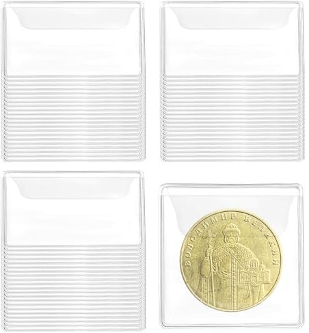 JIYIN 50 Stück Münzhüllen Set, 5,5 x 5,5 cm Münztaschen, Münzen Hüllen, Transparente Münzhüllen Tasche für Münzen, Schmuck und Kleine Gegenstände